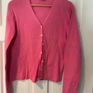 Pink V-Neck Cardigan Sweater Ralph Lauren Sport L
